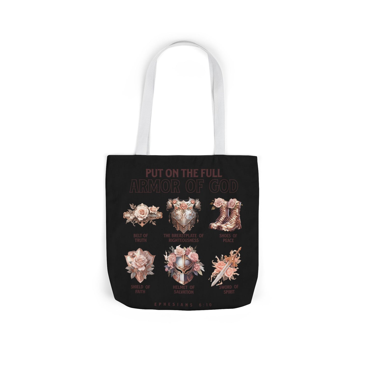 Floral Icons Canvas Tote — "Put On The Full Armour of God" with psalm 91 prayer on the Back.