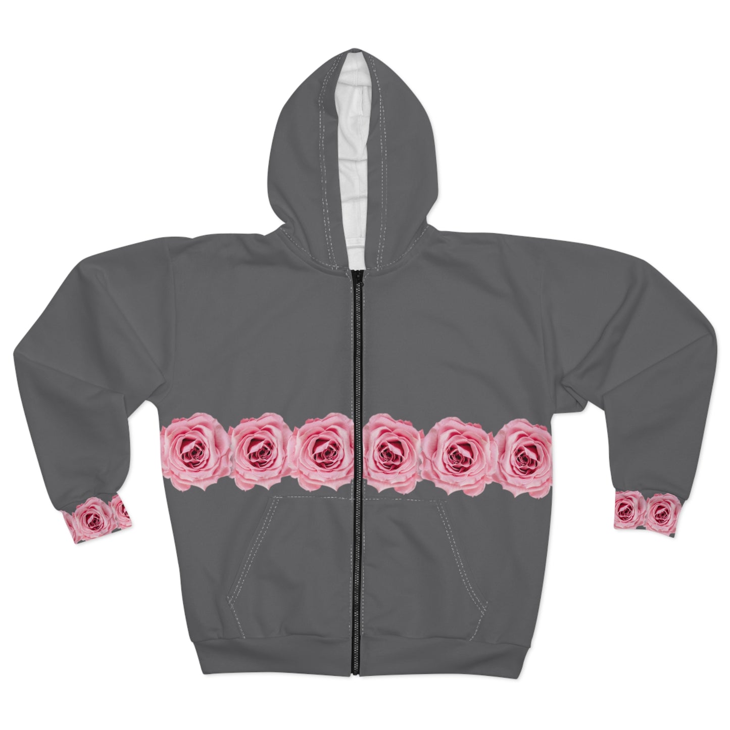 Pink Rose Band Zip Hoodie — Floral Zip-Up Sweatshirt©