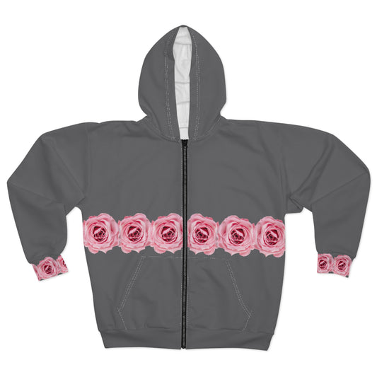 Pink Rose Band Zip Hoodie — Floral Zip-Up Sweatshirt©