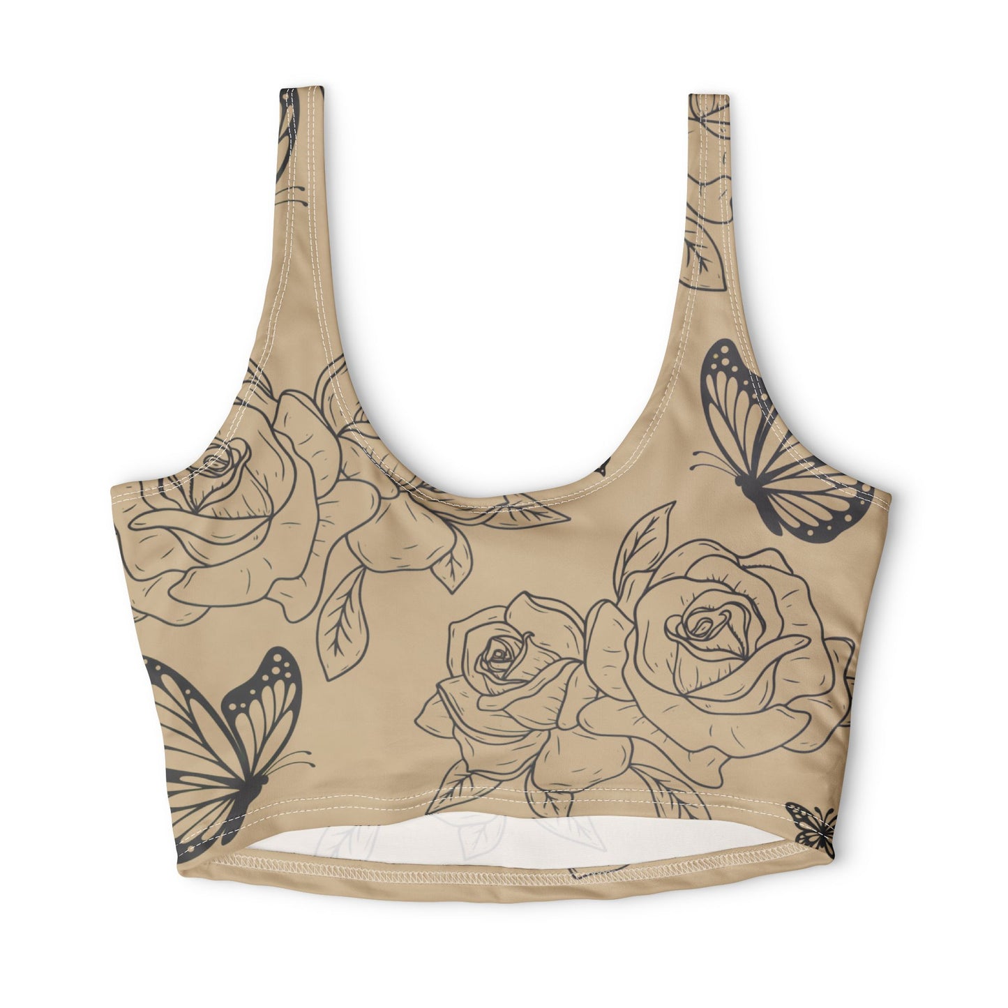 Floral Butterfly Crop Sports Bra — Beige Rose Print