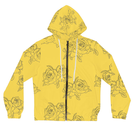 Yellow Rose Pattern Zip Hoodie — Floral All-Over Print Women's Jacket©