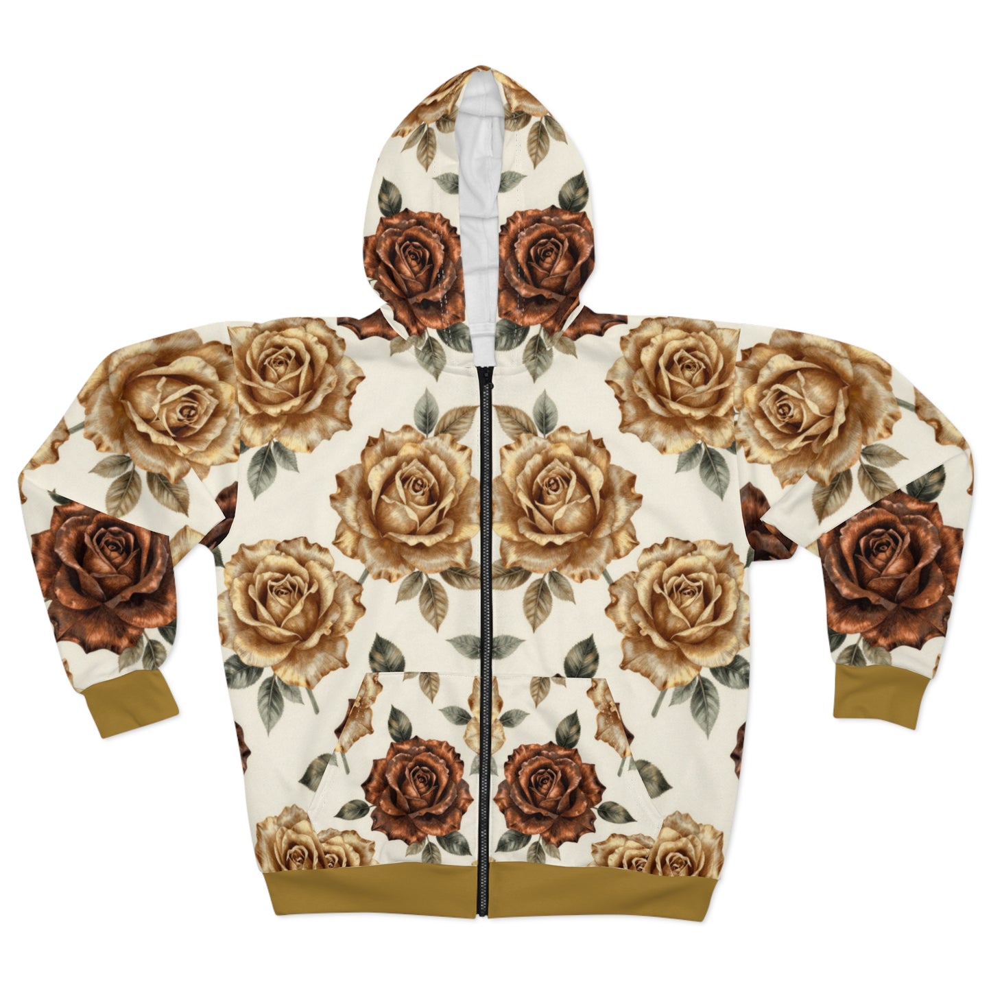 Brown Vintage Rose Zip Hoodie — Floral All-Over Print©