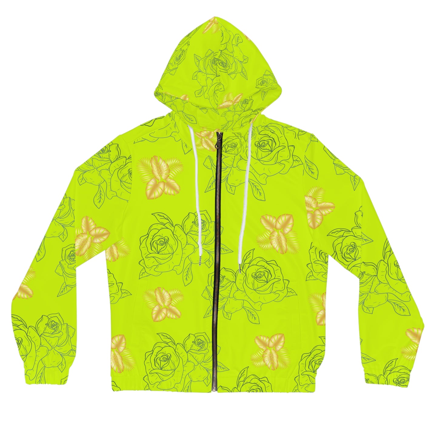 Floral Neon Rose Full-Zip Hoodie — Yellow Green Patterned Women’s Jacket©