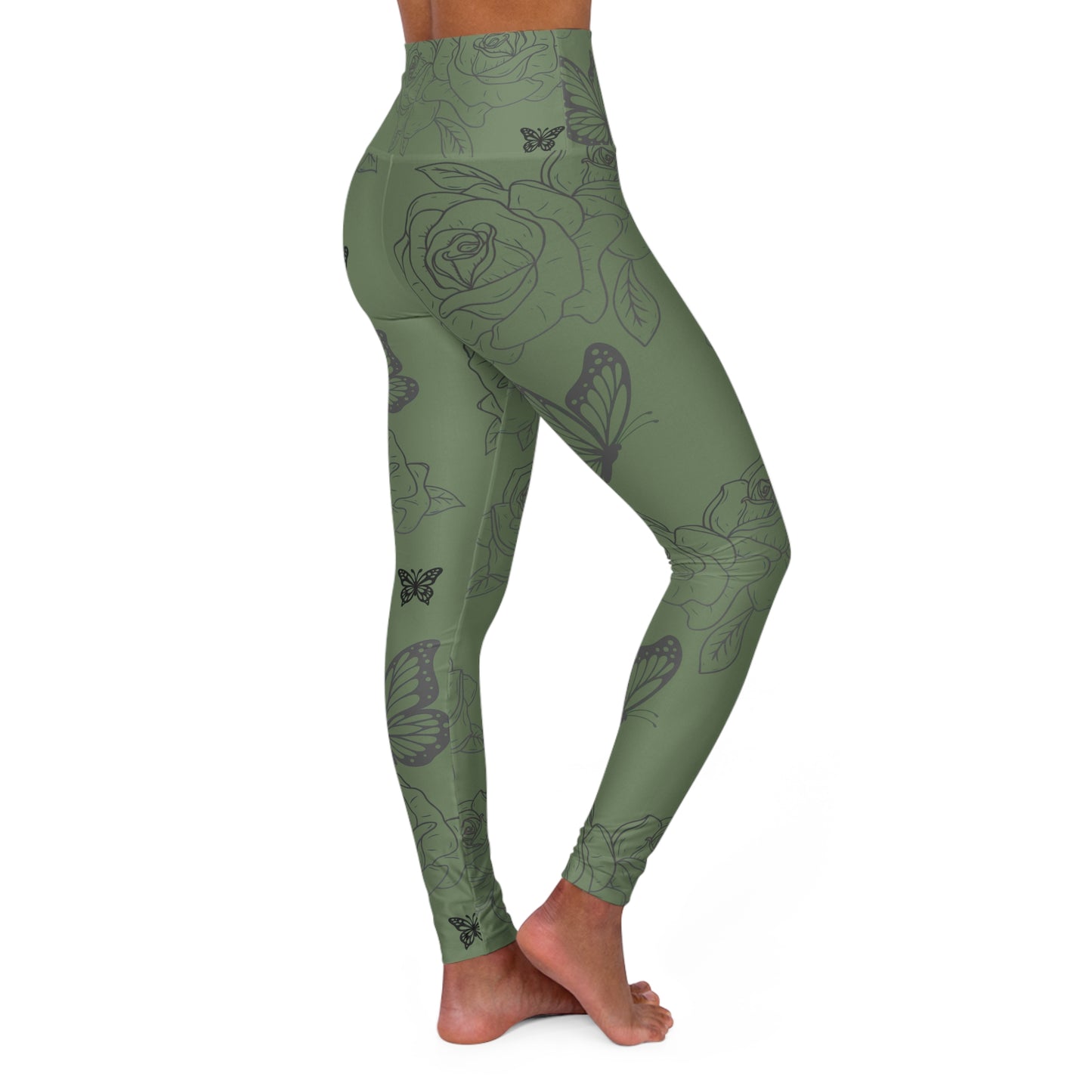 High-Waist Olive Rose & Butterfly Yoga Leggings©