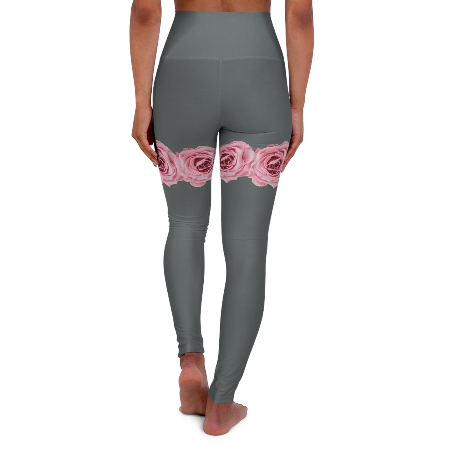 High-Waist Rose Band Yoga Leggings — Pink Floral Thigh Accent, Comfortable Activewear©