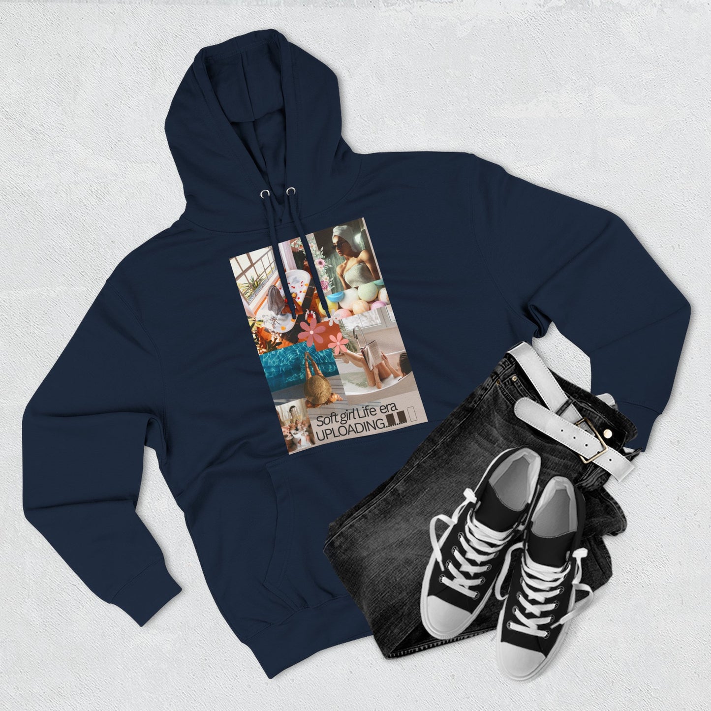 Collage Graphic Hoodie — "Soft Girl Era Uploading" Cozy Fleece Pullover