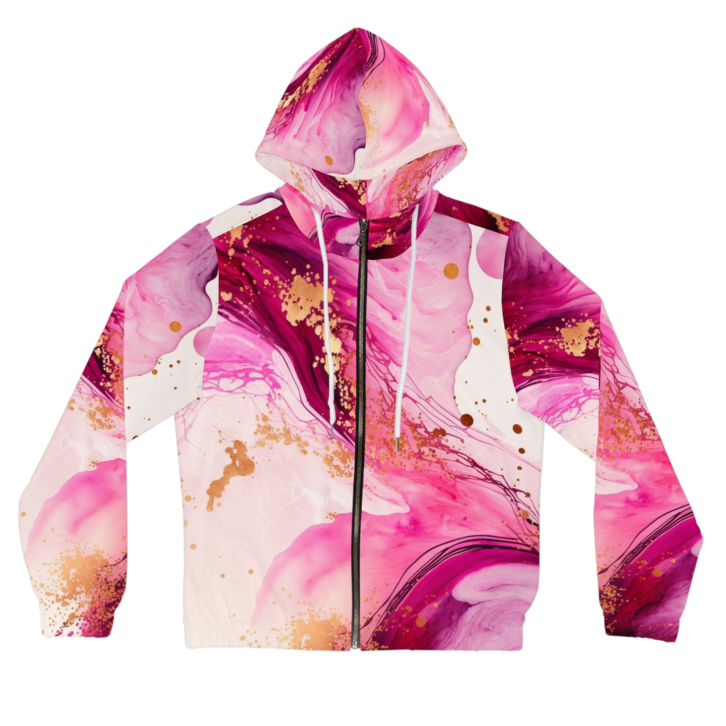 Pink Marble Zip Hoodie – Abstract Gold Splash Women’s Full-Zip Jacket
