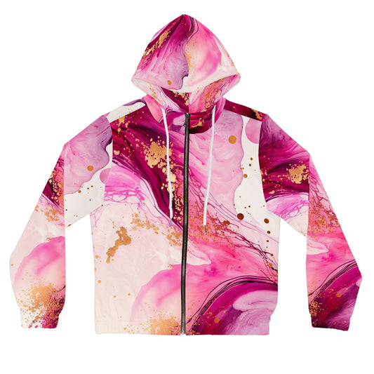 Pink Marble Zip Hoodie – Abstract Gold Splash Women’s Full-Zip Jacket©