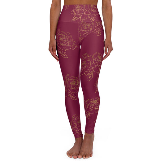 High-Waist Maroon Rose Yoga Leggings — Floral AOP Activewear©