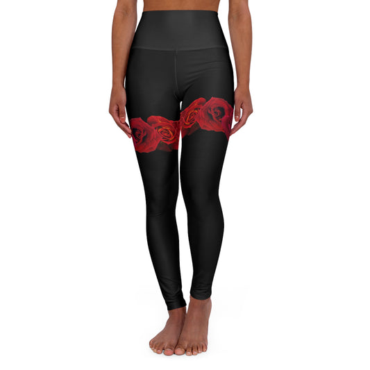 High-Waist Black Leggings with Red Rose Band — Floral Fitness Leggings©