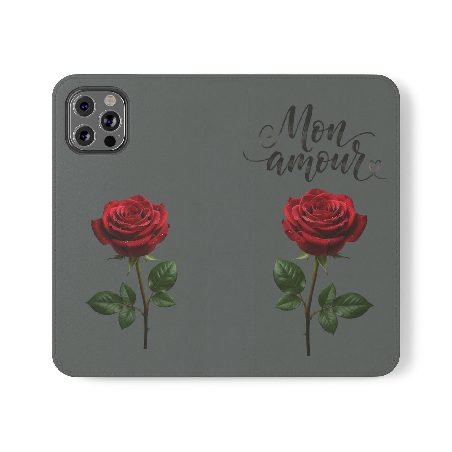 Mon Amour Rose Flip Phone Case — Floral Wallet Flip Case with 'Mon amour' Script