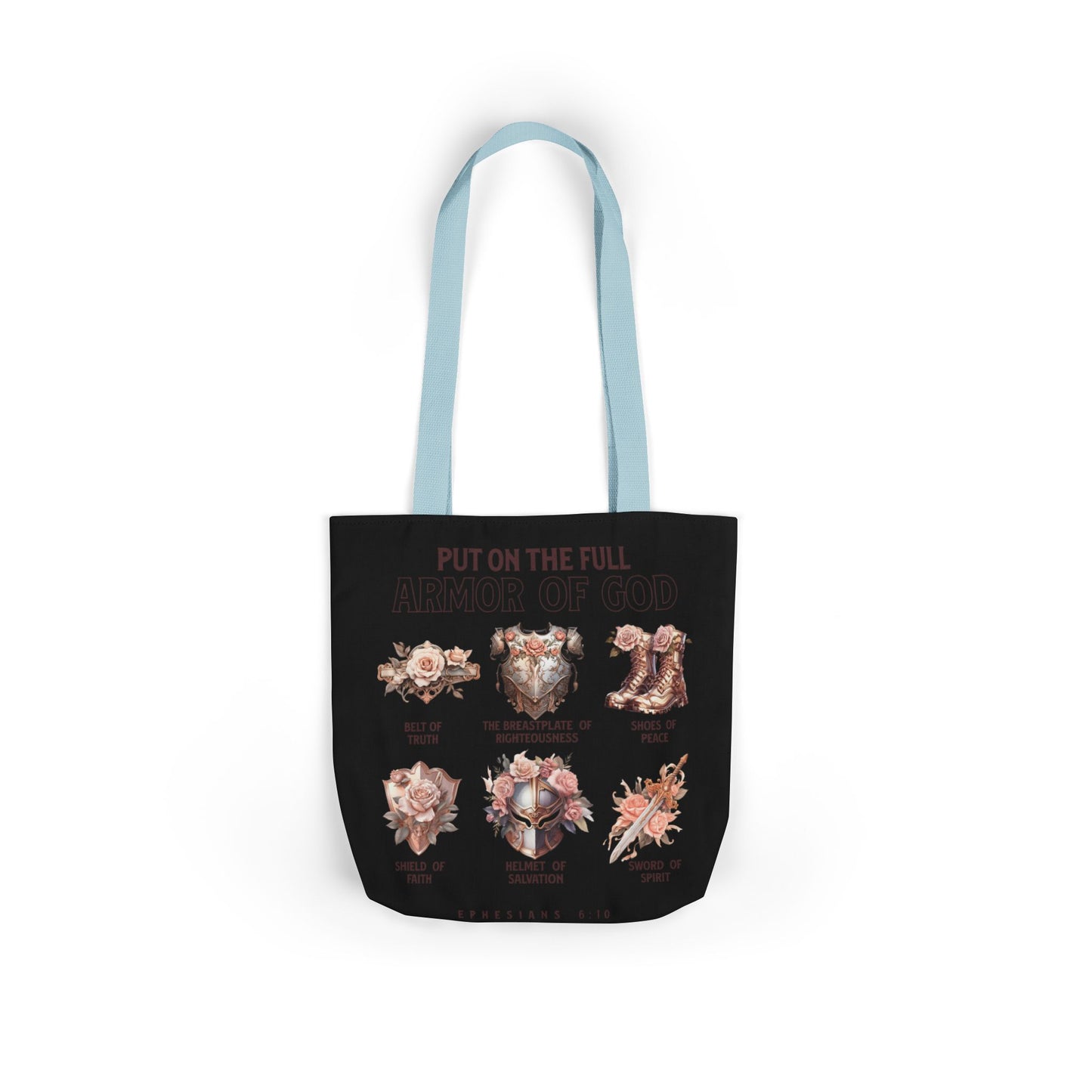 Floral Icons Canvas Tote — "Put On The Full Armour of God" with psalm 91 prayer on the Back.