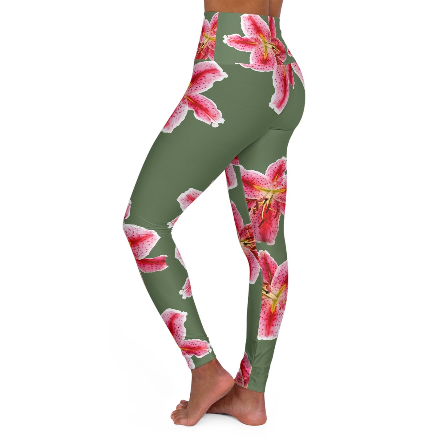 High-Waist Floral Yoga Leggings — Pink Stargazer Lily Print on Olive©