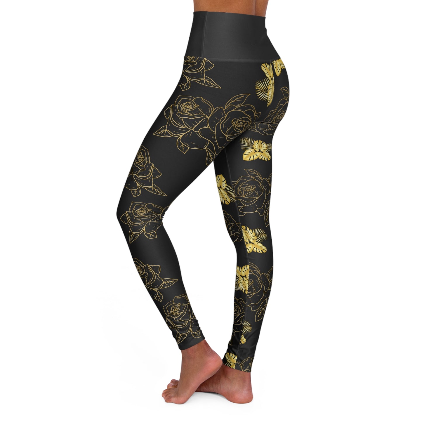 Gold Butterfly & Rose High-Waist Yoga Leggings — Floral Metallic Activewear©