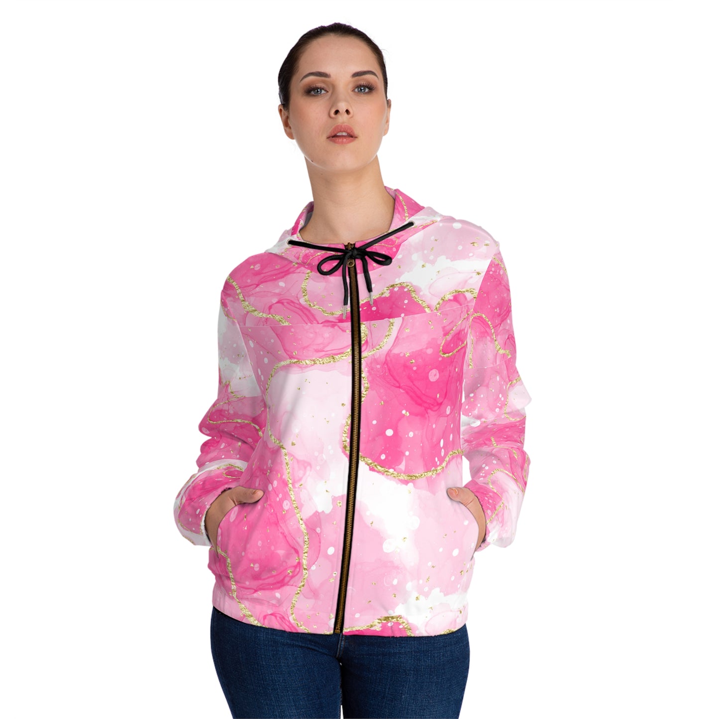 Pink Gold Marble Full-Zip Hoodie — Women's Floral Abstract AOP©