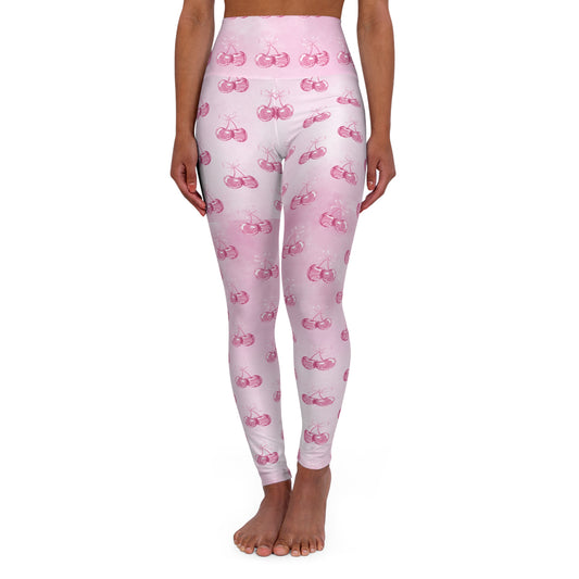 High-Waist Pink Cherry Pattern Yoga Leggings©