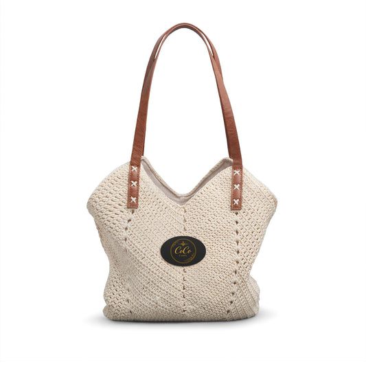 Woven Straw Shoulder Bag — Boho Crochet Tote with Leather Handles©