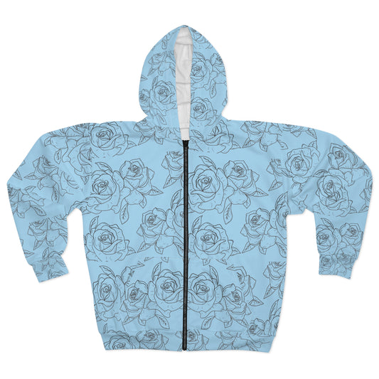Light Blue Rose Pattern Zip Hoodie©