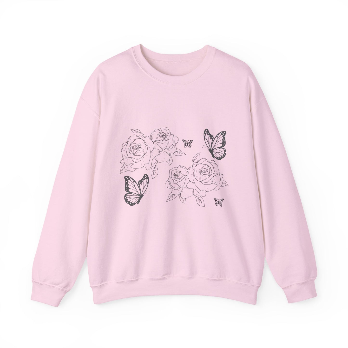 Floral Roses & Butterflies Crewneck Sweatshirt — Delicate Line Art Floral Pullover©