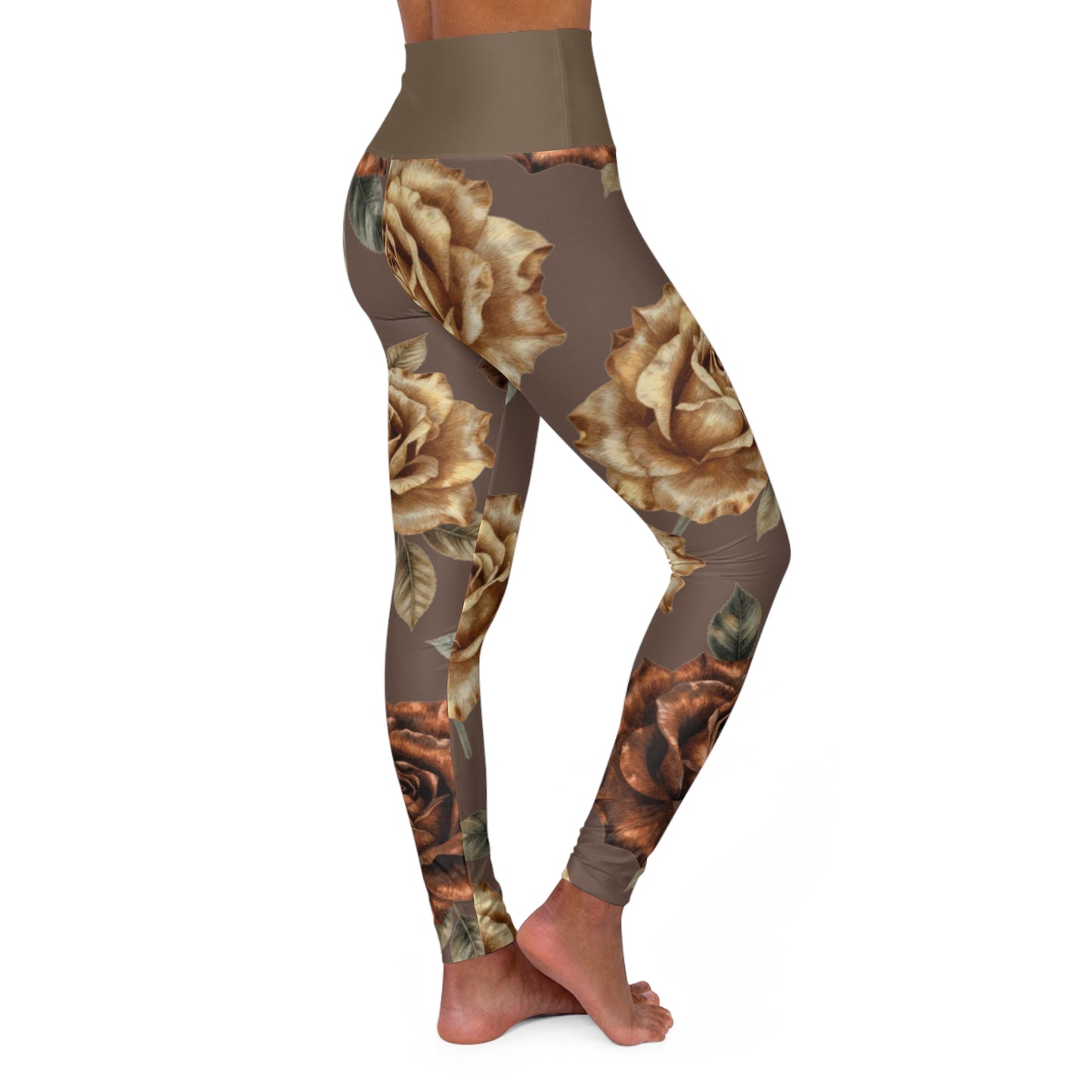 High-Waist Floral Yoga Leggings – Brown Vintage Rose Print©