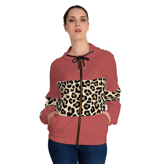 Leopard Stripe Panel Zip-Up Hoodie©