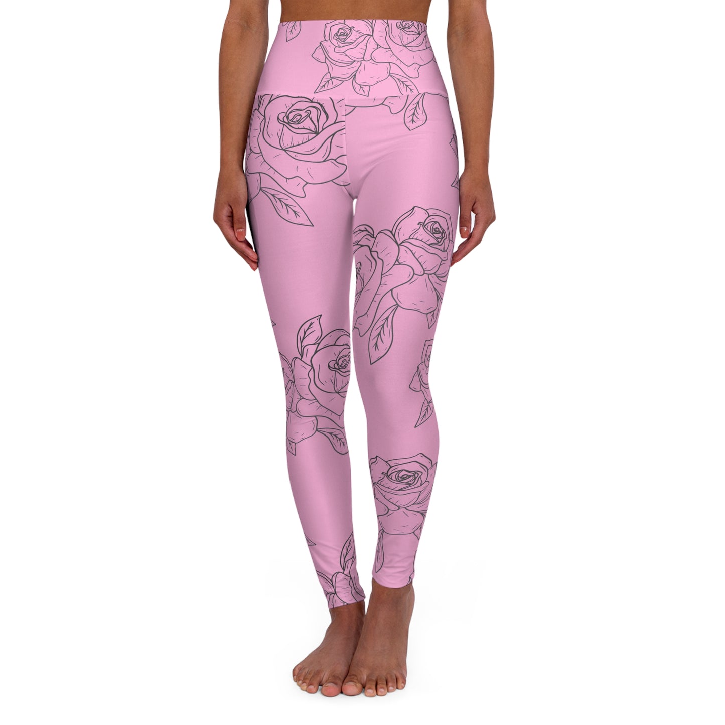 High-Waisted Pink Rose Yoga Leggings — Floral All-Over Print©