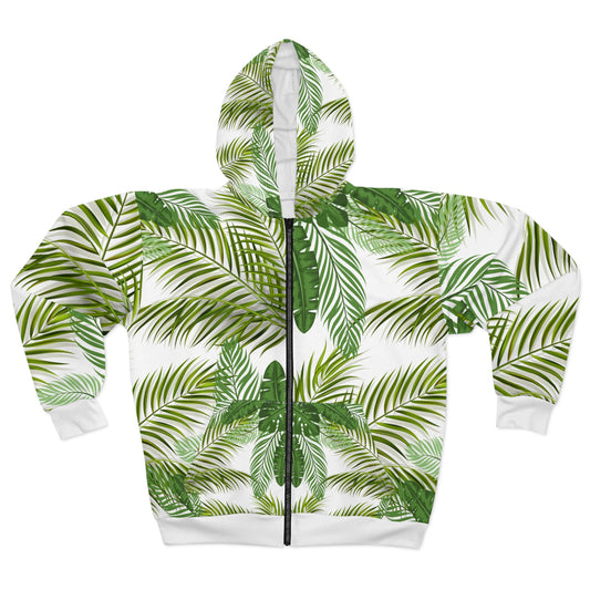 Tropical Palm Leaf Zip Hoodie — All-Over Print Botanical Jacket©