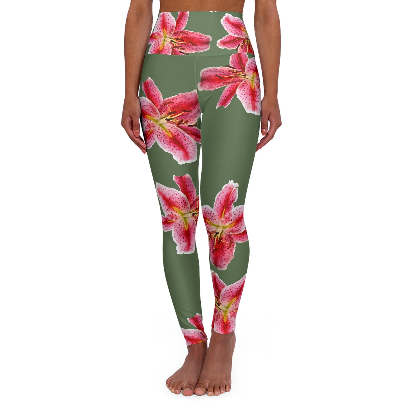 High-Waist Floral Yoga Leggings — Pink Stargazer Lily Print on Olive©