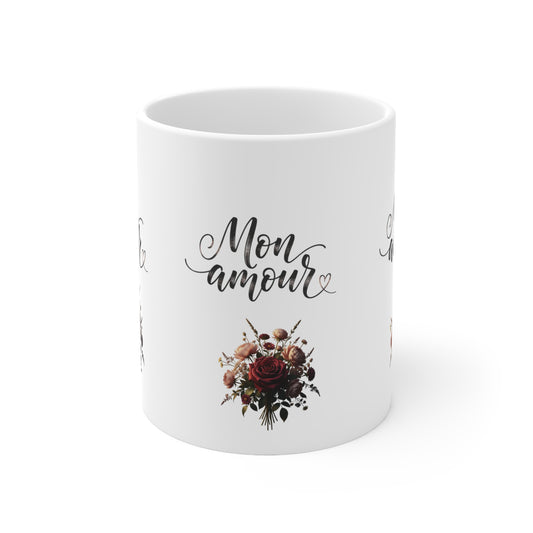Mon Amour Floral Mug – Romantic French Script Coffee Cup, Valentine's Day Gift
