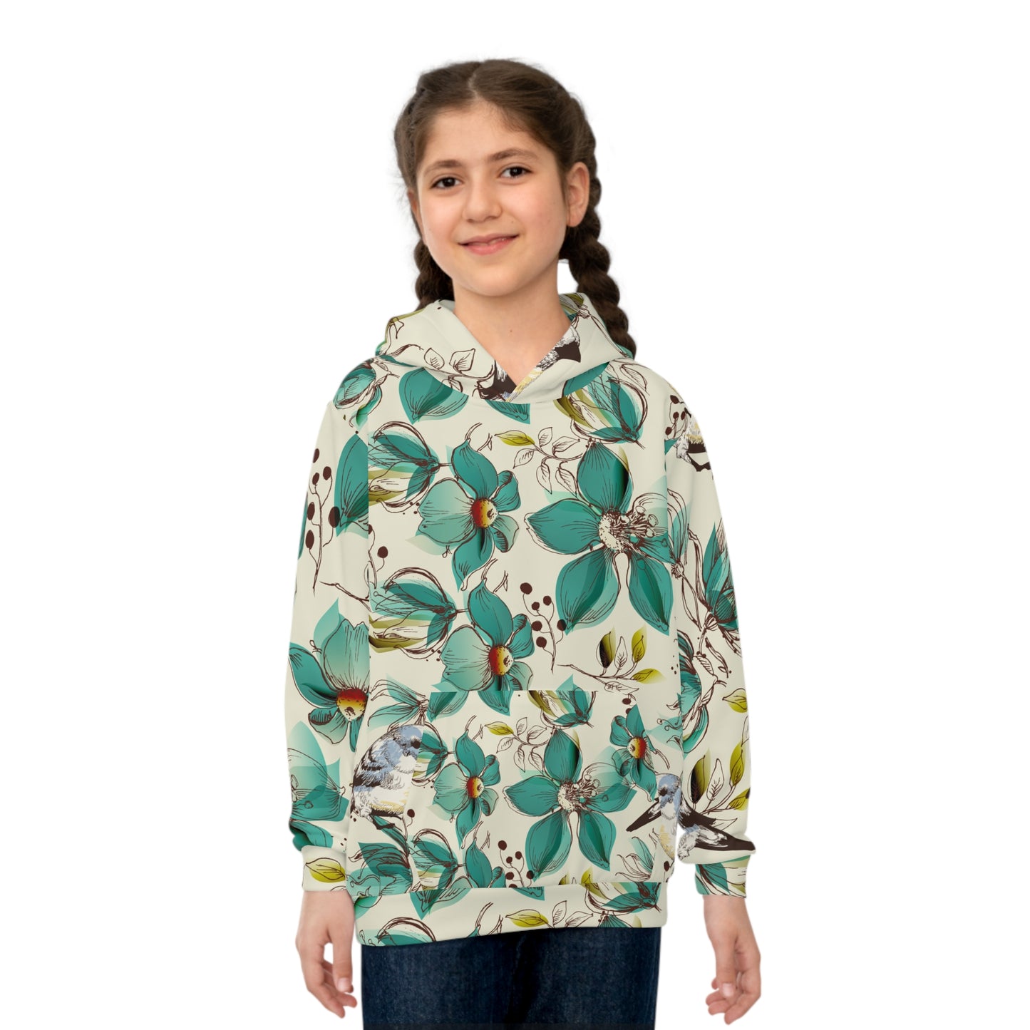 Kids Floral Hoodie — Teal Blooms & Songbirds All-Over Print