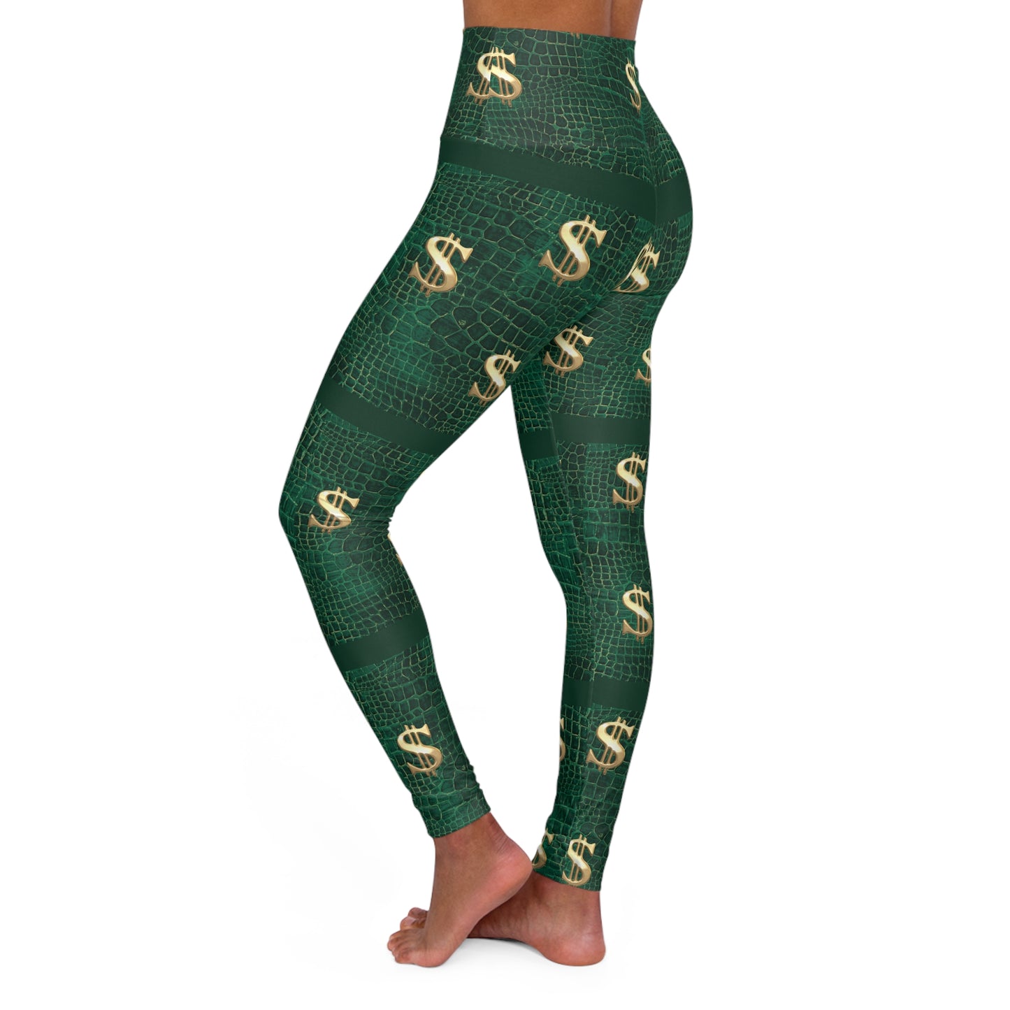 Money Sign High-Waisted Yoga Leggings — Green Dollar Print Activewear©