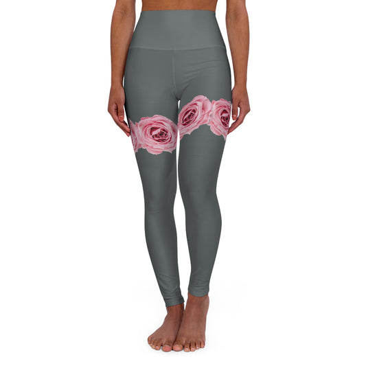 High-Waist Rose Band Yoga Leggings — Pink Floral Thigh Accent, Comfortable Activewear