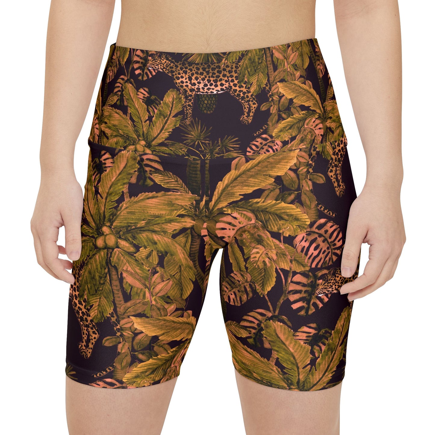 Tropical Leopard Palm Workout Shorts — Women's High-Rise Activewear©