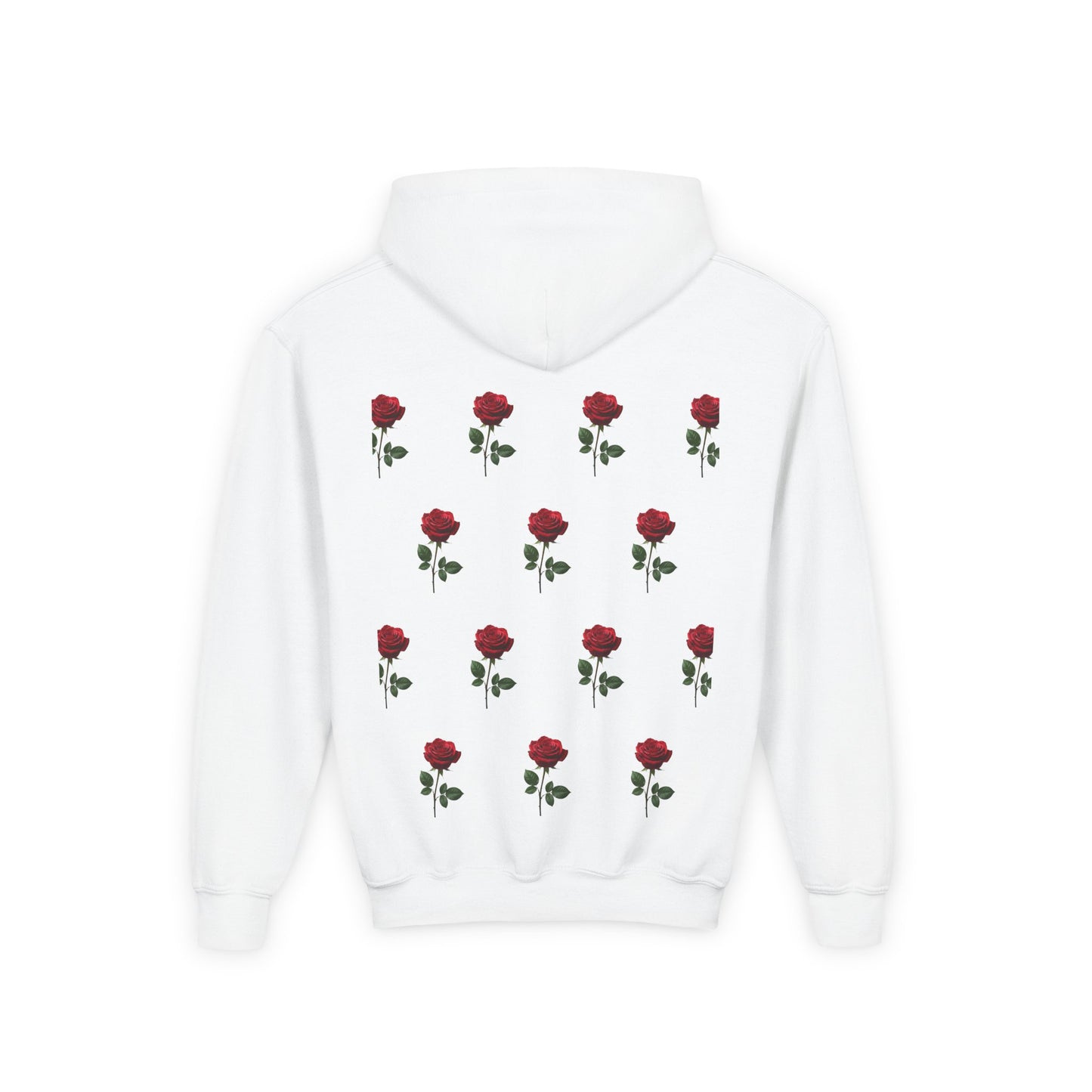 Youth Hoodie — 'Mon Amour' Script Front & Red Rose Pattern Back©