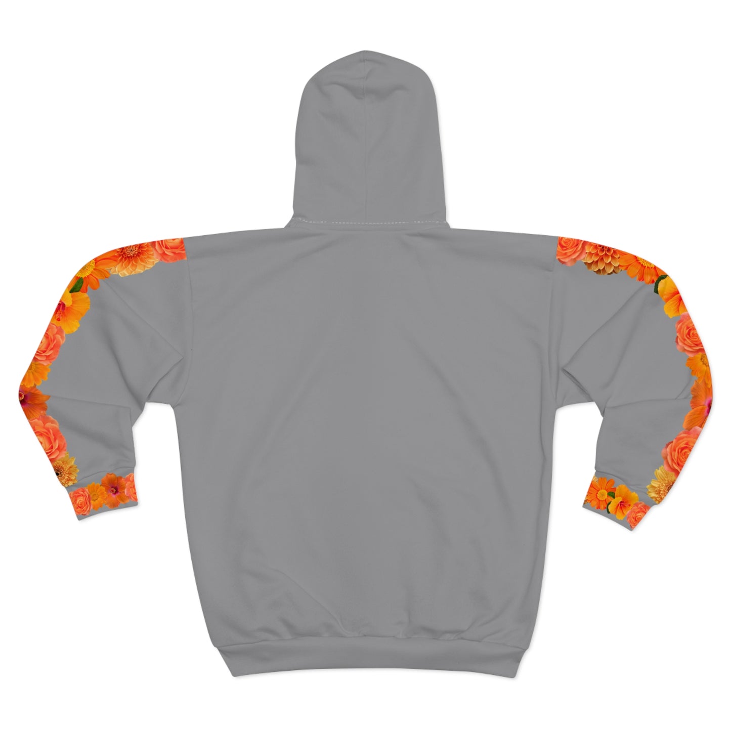 Gray Zip Hoodie with Orange Marigold Sleeve Accent — Floral Zip-Up Hoodie©