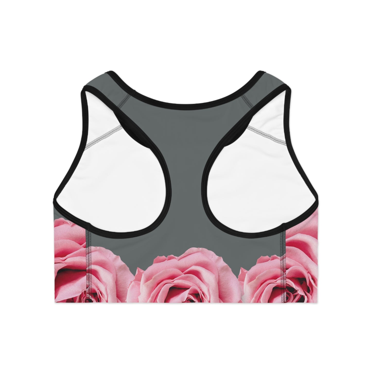 Pink Rose Floral Sports Bra — Gray Background Racerback Activewear