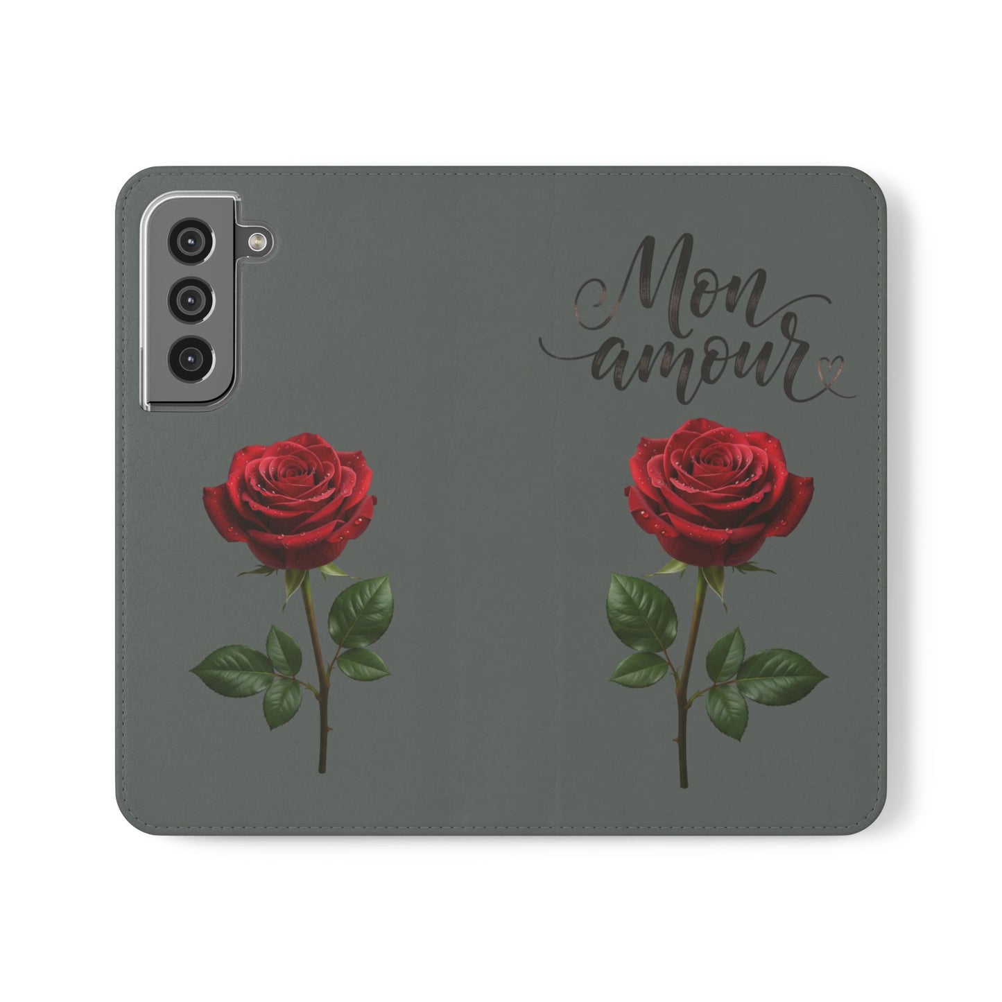 Mon Amour Rose Flip Phone Case — Floral Wallet Flip Case with 'Mon amour' Script