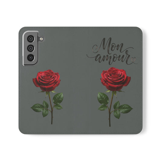 Mon Amour Rose Flip Phone Case — Floral Wallet Flip Case with 'Mon amour' Script