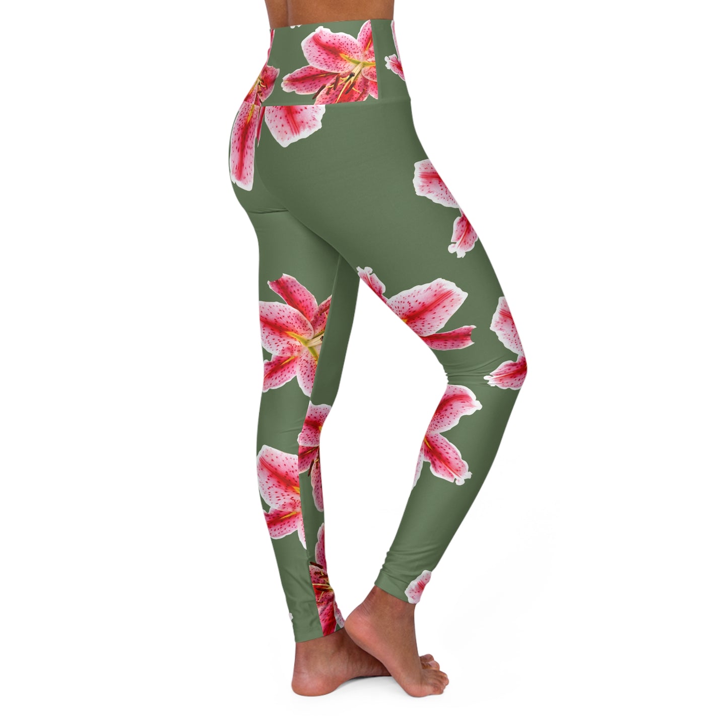 High-Waist Floral Yoga Leggings — Pink Stargazer Lily Print on Olive©