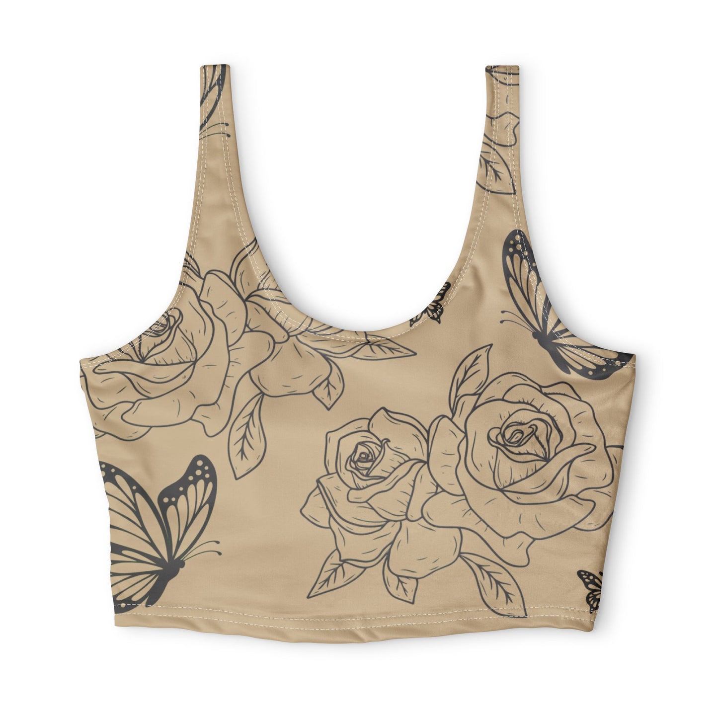 Floral Butterfly Crop Sports Bra — Beige Rose Print