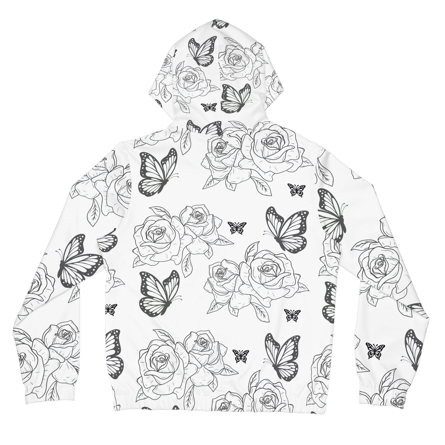 Butterfly Rose Zip-Up Hoodie — Black & White Floral All-Over Print©