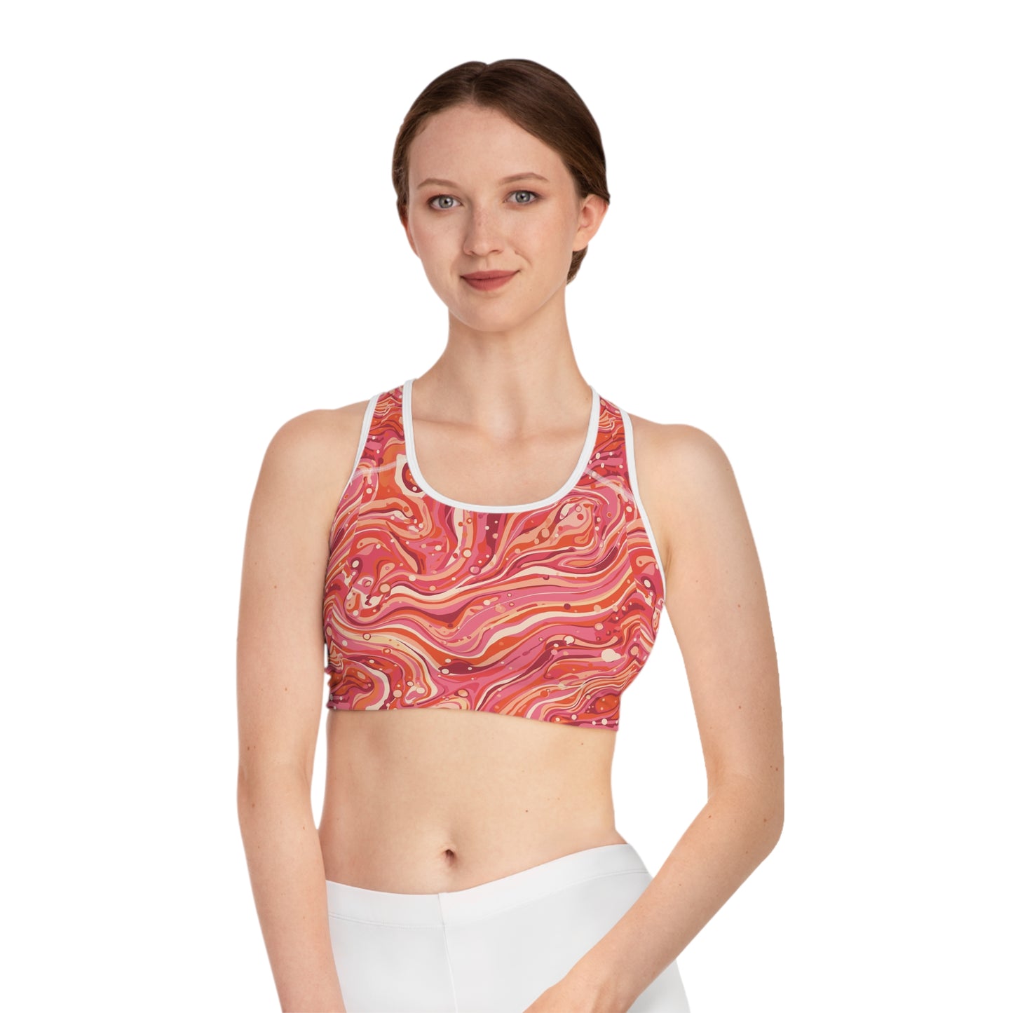 Pink Swirl Marble Sports Bra — Vibrant All-Over-Print Activewear
