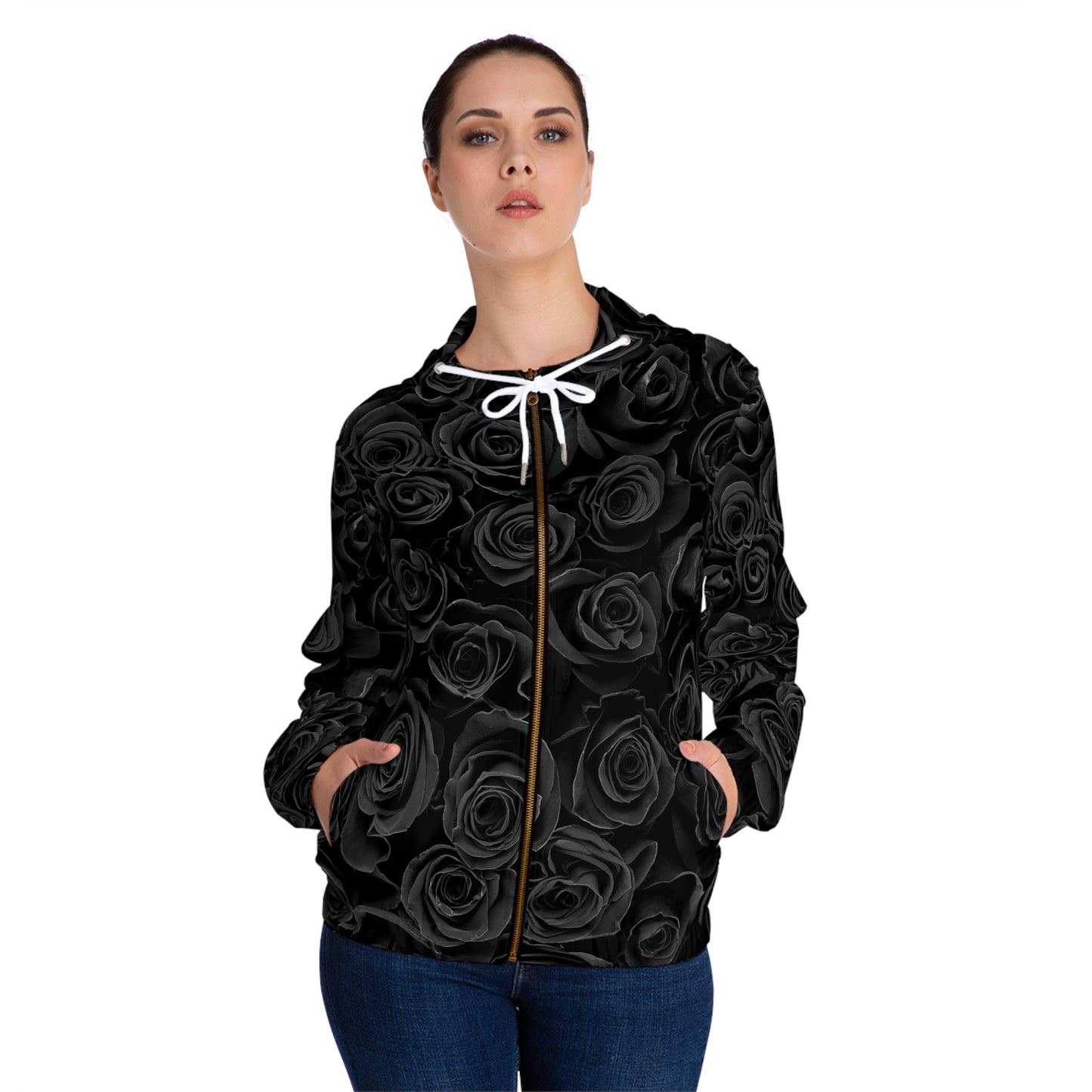 Hoodie — All-Over Black Rose Zip-Up Hoodie©