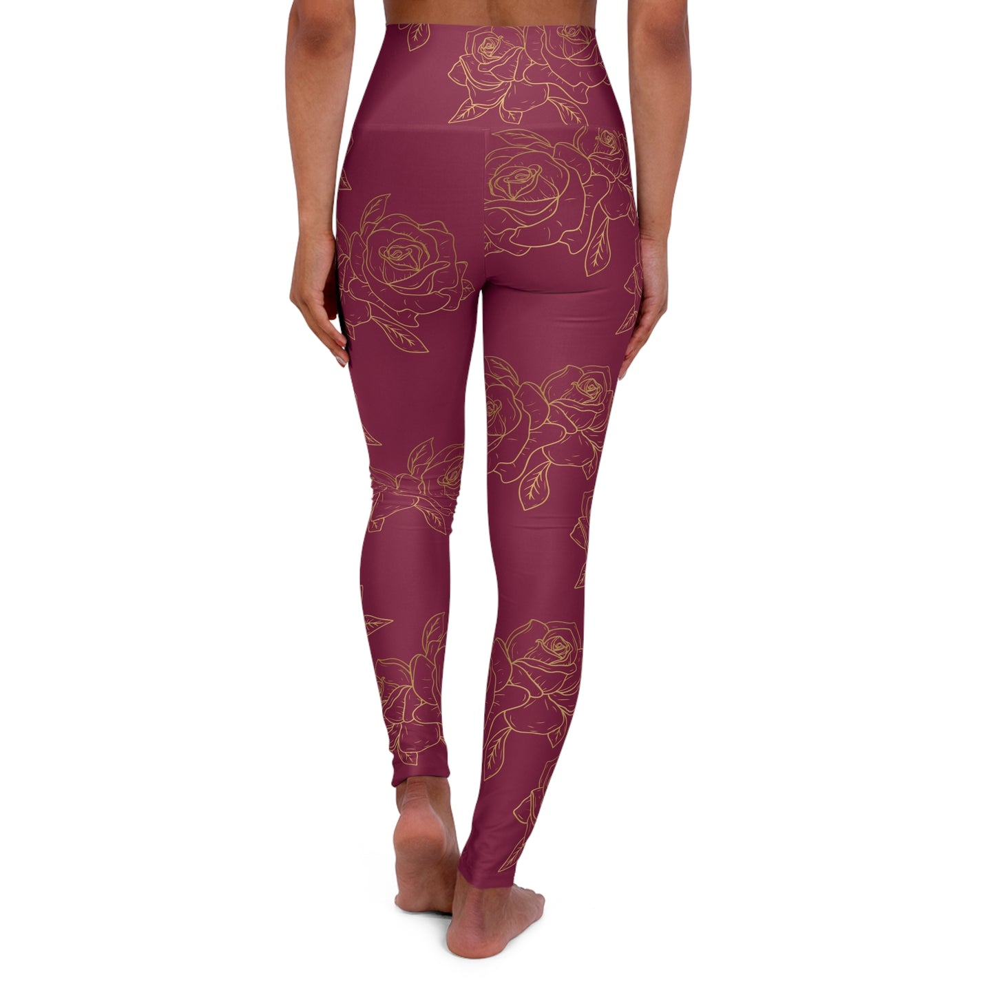 High-Waist Maroon Rose Yoga Leggings — Floral AOP Activewear©