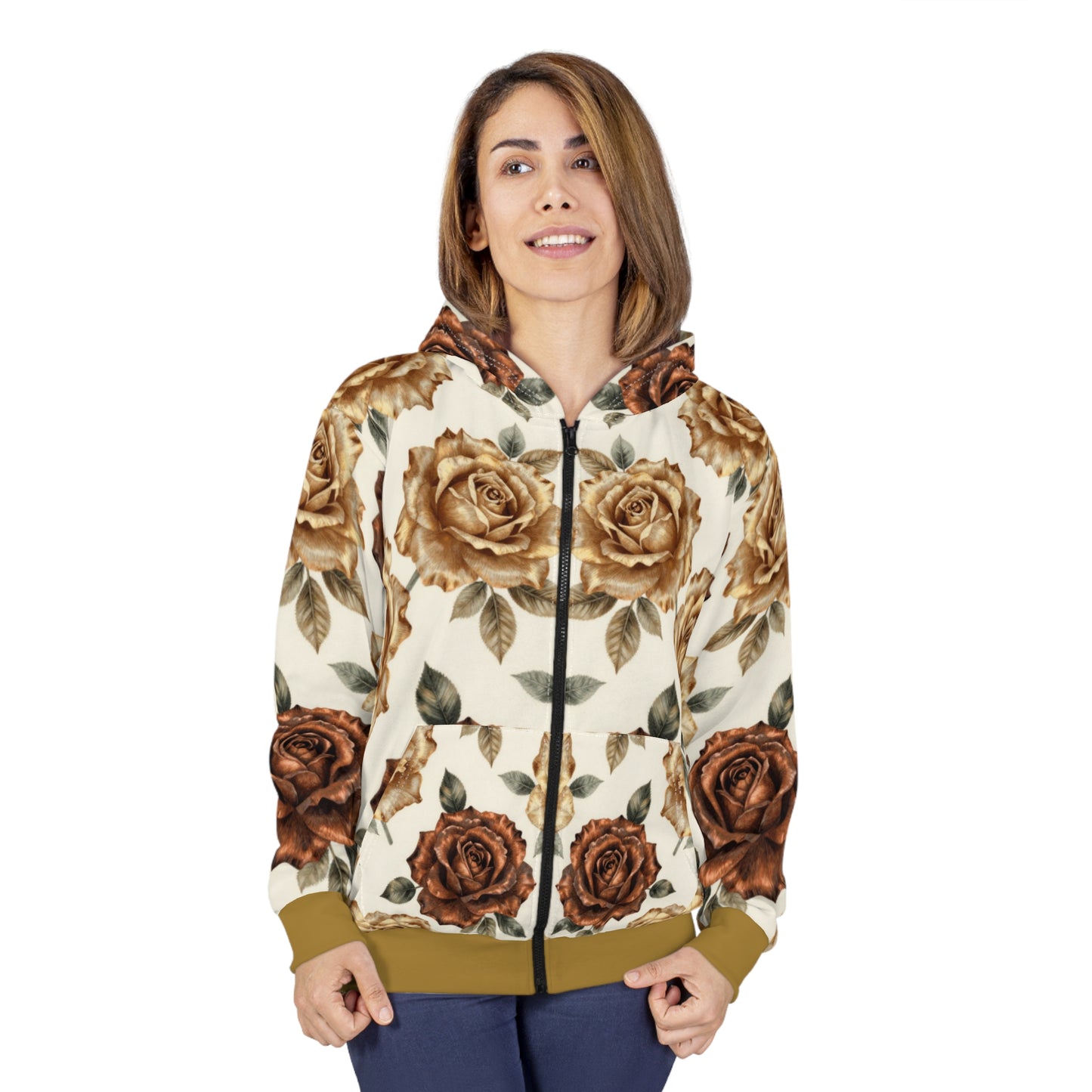 Brown Vintage Rose Zip Hoodie — Floral All-Over Print©
