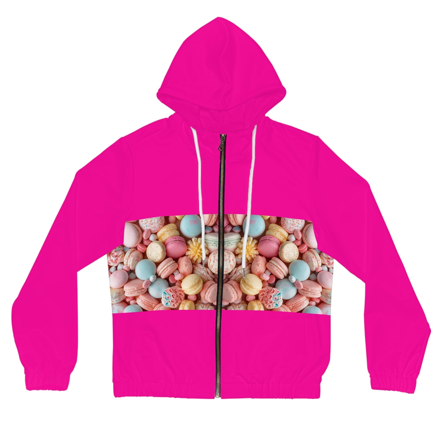 Women’s Full-Zip Hoodie — Pastel Macaron Photo Panel, Cute Dessert Graphic©