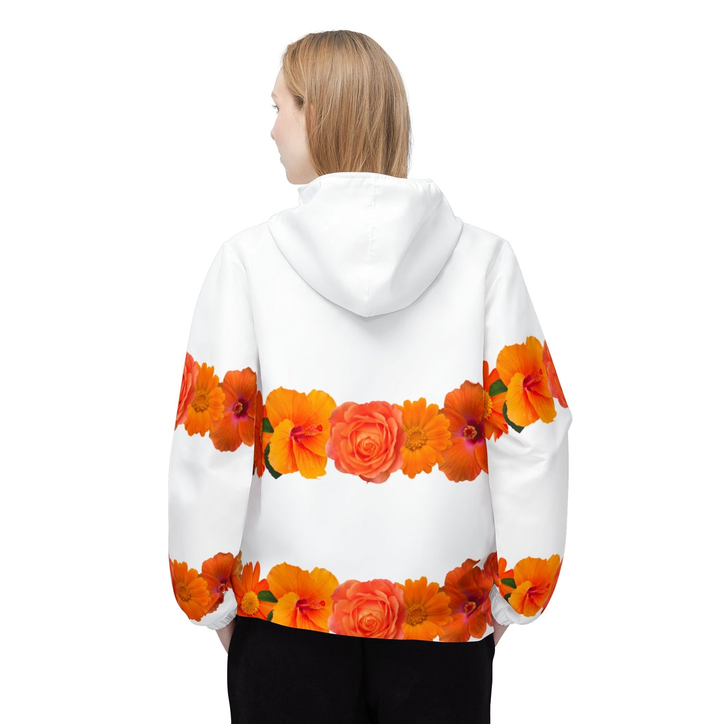 Floral Stripe Windbreaker Jacket — Orange Rose & Poppy All-Over Print©