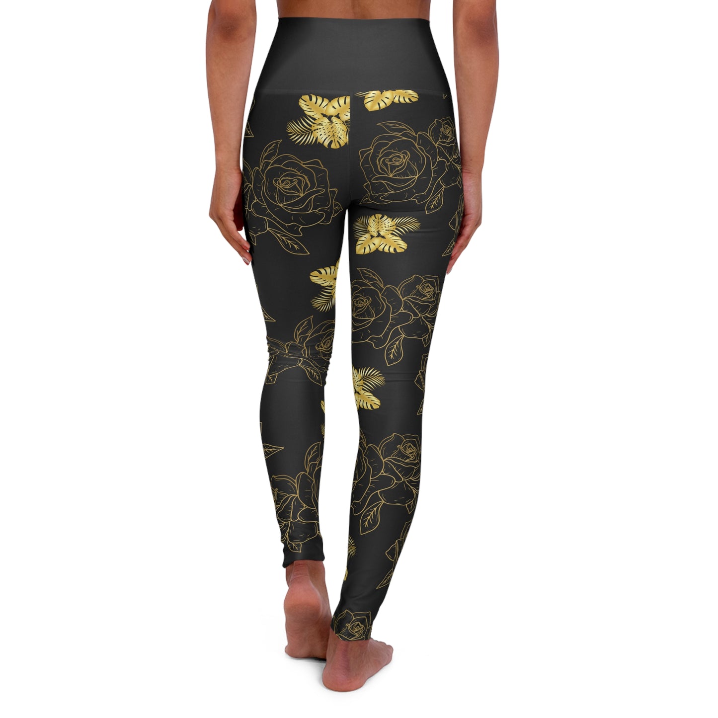 Gold Butterfly & Rose High-Waist Yoga Leggings — Floral Metallic Activewear©
