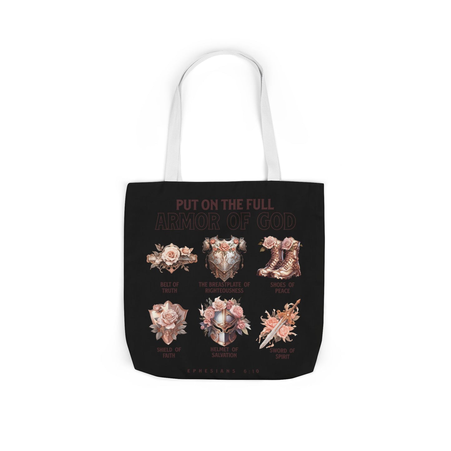 Floral Icons Canvas Tote — "Put On The Full Armour of God" with psalm 91 prayer on the Back.