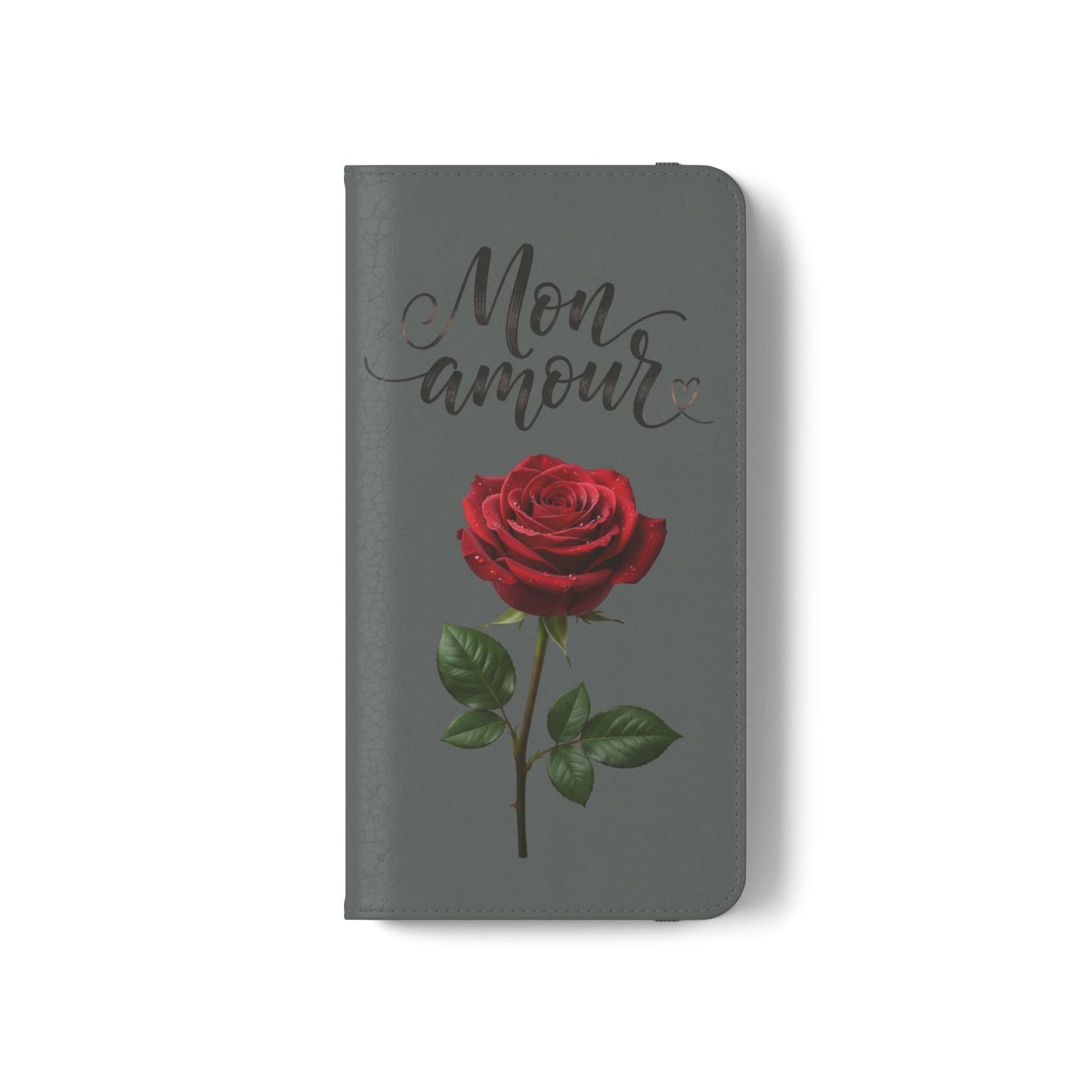 Mon Amour Rose Flip Phone Case — Floral Wallet Flip Case with 'Mon amour' Script